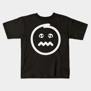 Angry emoji with skulls as eyes. Textured sad emoji face in white color on black background. Kids T-Shirt